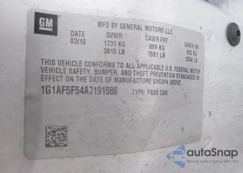 2010 Chevrolet Cobalt Lt from USA, damaged, VIN 1G1AF5F54A7191586